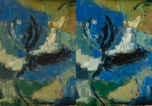 <p class="MsoNormal">Detail, before (left) and after (right) conservation treatment, 2020</p>rn<p class="MsoNormal">Marcelle Maltais, <i>The Bird and the River</i>, 1955, oil on canvas board, 29.5 cm x 46.0 cm</p>rn<p class="MsoNormal">Gift of the Estate of Leslie Stibinger, 2002, 2002.242</p>