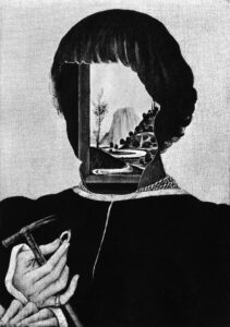Digital Collage print detail depicting a person holding a ring and a hammer., the space where the face should be is an image of rivers and mountains.