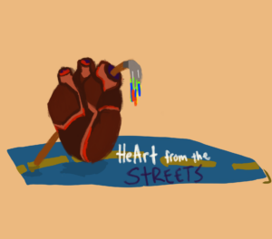 Illustrative heart with a paintbrush pireced through the side. The heart is placed on a road with the words "Heart from the streets" to the right. 