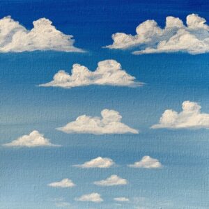 A painted blue sky with white clouds.