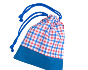 A small red and blue drawstring pouch.